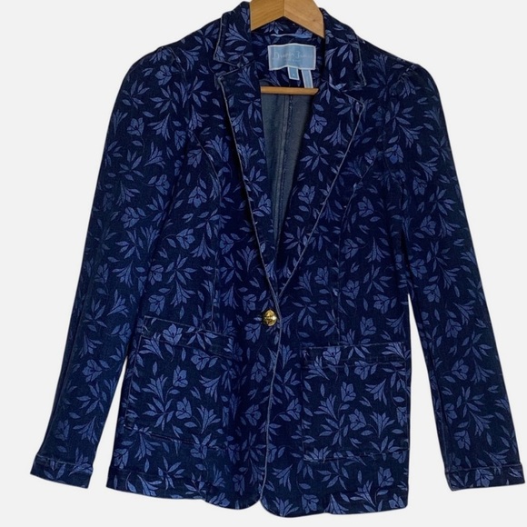 Women's Denim Blazer Floral Print Gold Button 4 Preppy Office Southern Charm - Picture 2 of 6